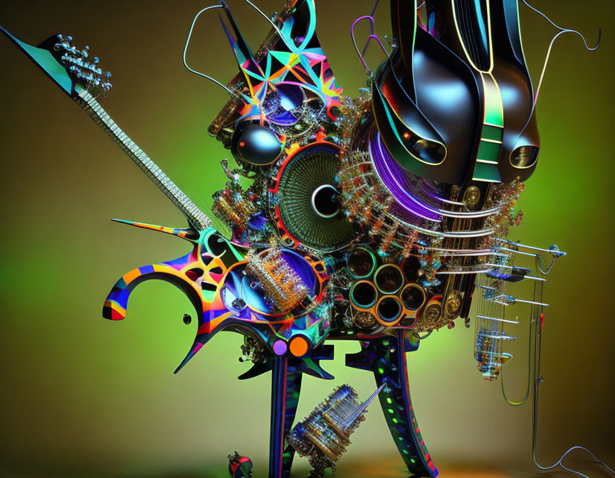 Colorful Surreal Digital Artwork of Musical Instruments and Electronics