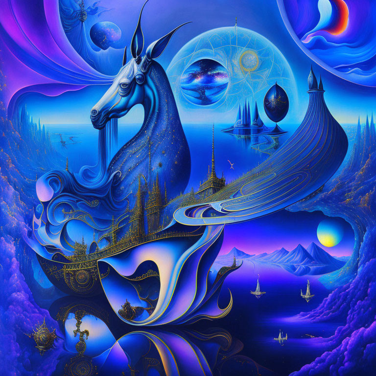 Colorful fantasy landscape with blue horse, floating islands, and celestial bodies