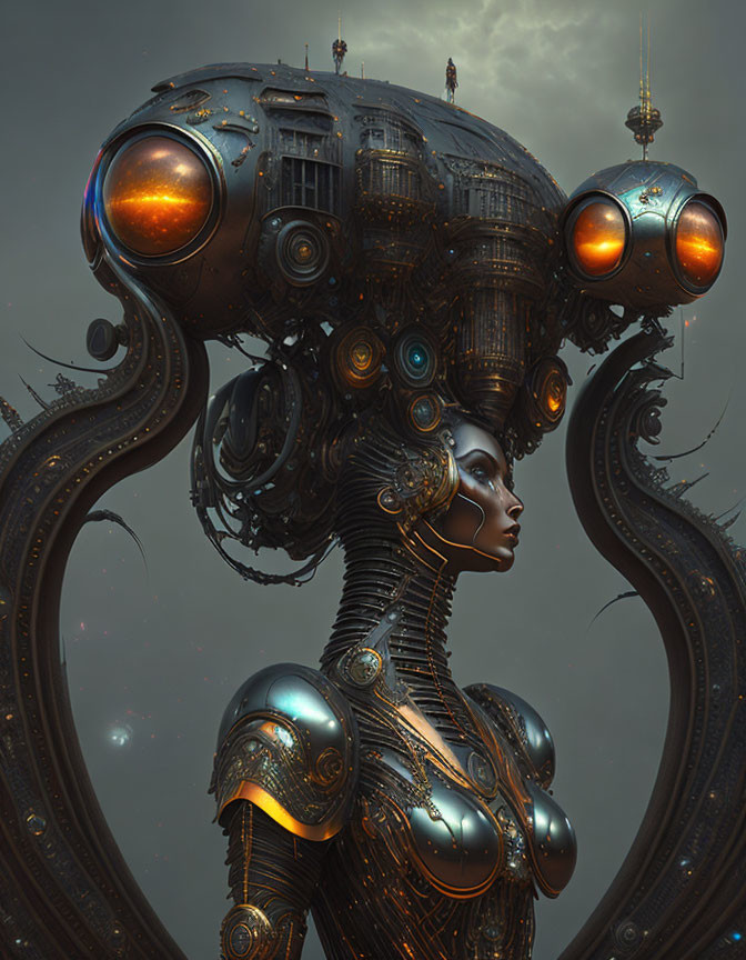 Robotic woman with city-like structure on head and glowing orbs