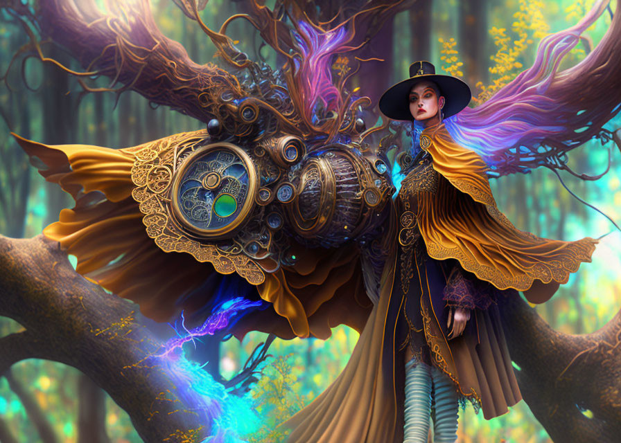 Steampunk-inspired woman with mechanical owl in mystical forest