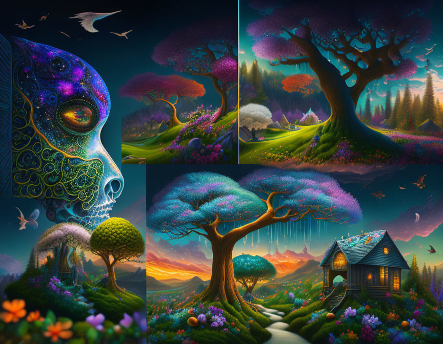 Fantasy Artwork Collage: Skull, Cosmic Patterns, Magical Landscapes, Cottage, Wh