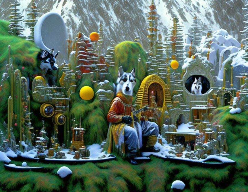 Anthropomorphic wolves in snow-covered landscape with vibrant trees and futuristic buildings