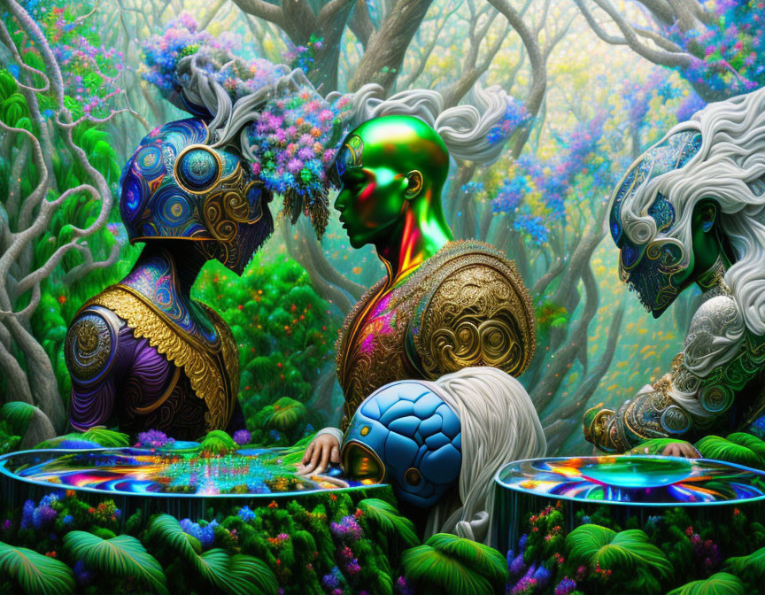 Colorful futuristic beings play holographic game in mystical forest