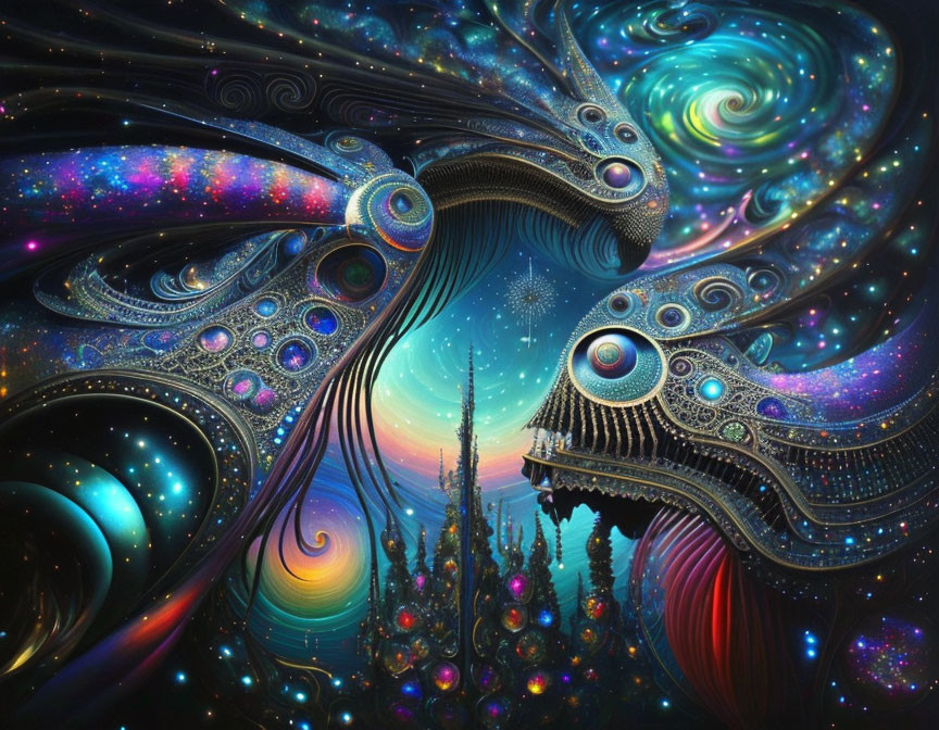 Colorful digital artwork: Cosmic scene with peacock patterns, swirls, and celestial elements on star