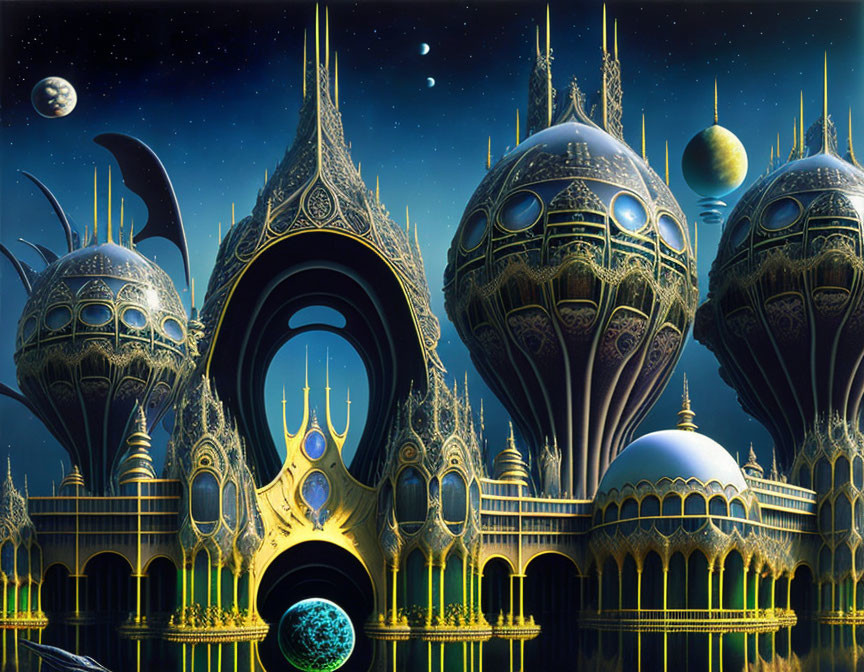 Fantastical cosmic city with organic and architectural fusion against starry sky