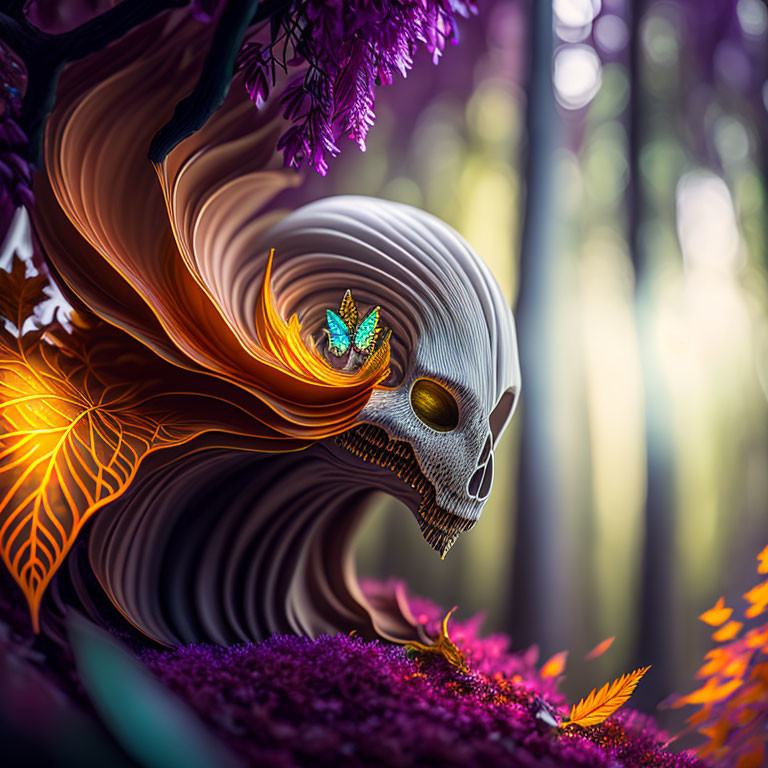 Colorful skull illustration in vibrant forest setting