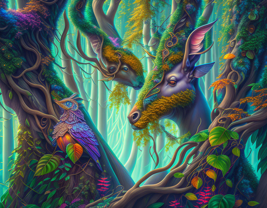 Fantasy forest scene with ornate deer, owl, and glowing lights