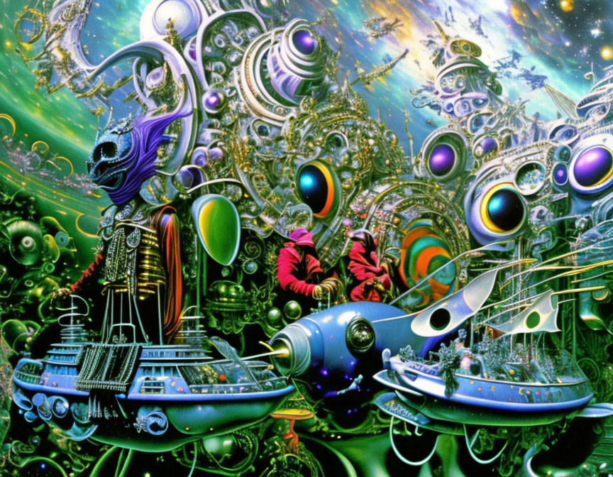 Psychedelic sci-fi scene with alien figures and spacecraft