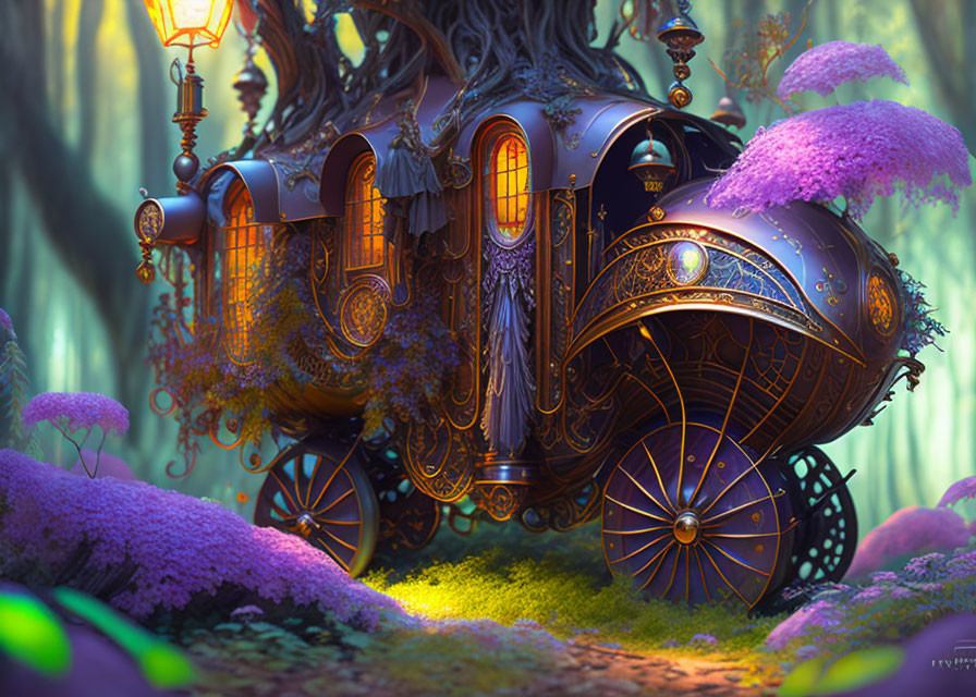 Golden Carriage in Mystical Forest with Purple Foliage