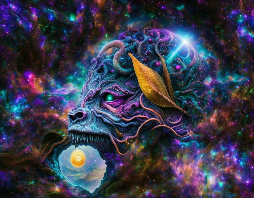 Vibrant cosmic scene with mythical creature and golden leaf