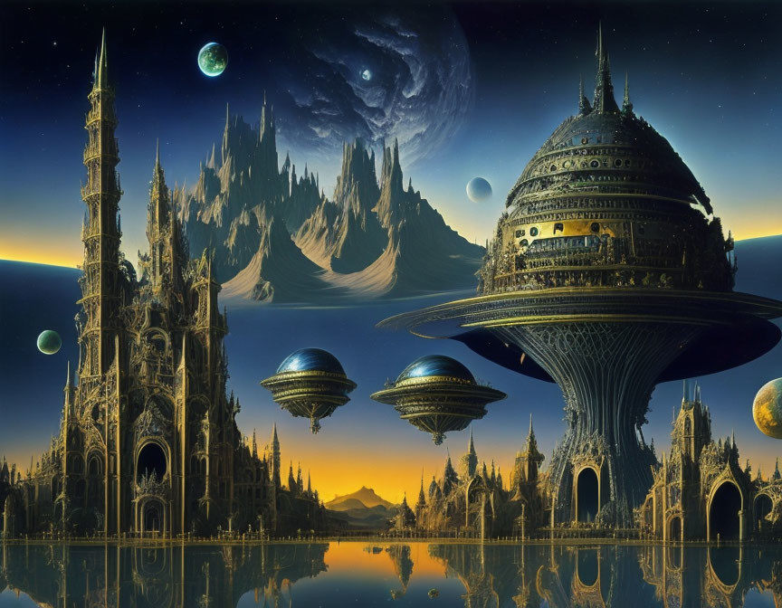 Futuristic sci-fi landscape with towering spires and floating spacecraft