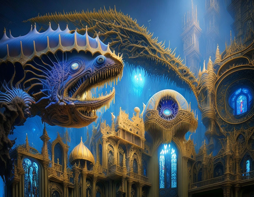 Fantastical dragon-like creature in golden architecture with blue-glowing elements