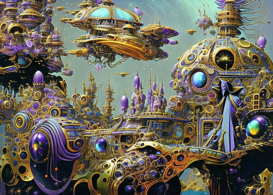 Intricate futuristic cityscape with golden structures and flying vehicles