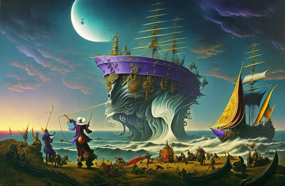 Fantastical ship riding wave crest with whimsical characters under crescent moon