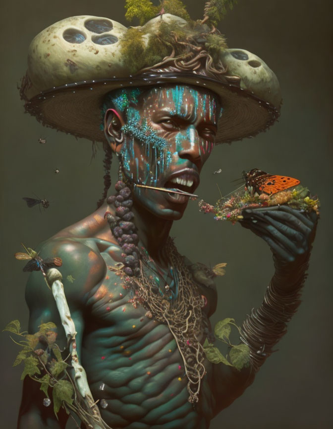 Person adorned with body paint, mushroom hat, butterflies, and bees