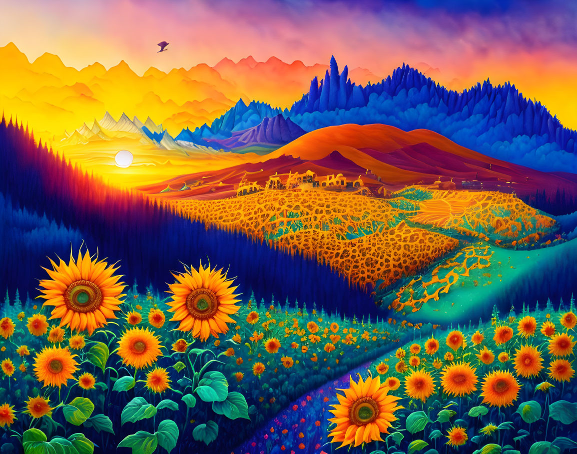 Scenic landscape painting with sunflowers, hills, river, and mountains at sunrise or sunset