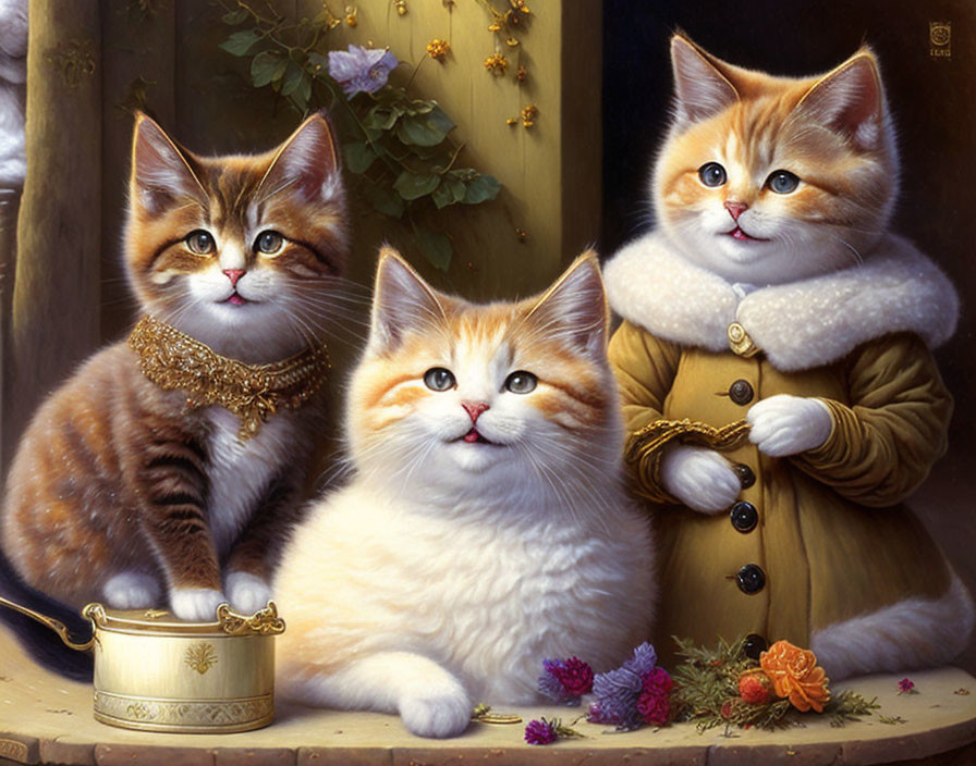 Three fluffy kittens with cookpot, yellow coat, and pearl necklace among flowers and berries