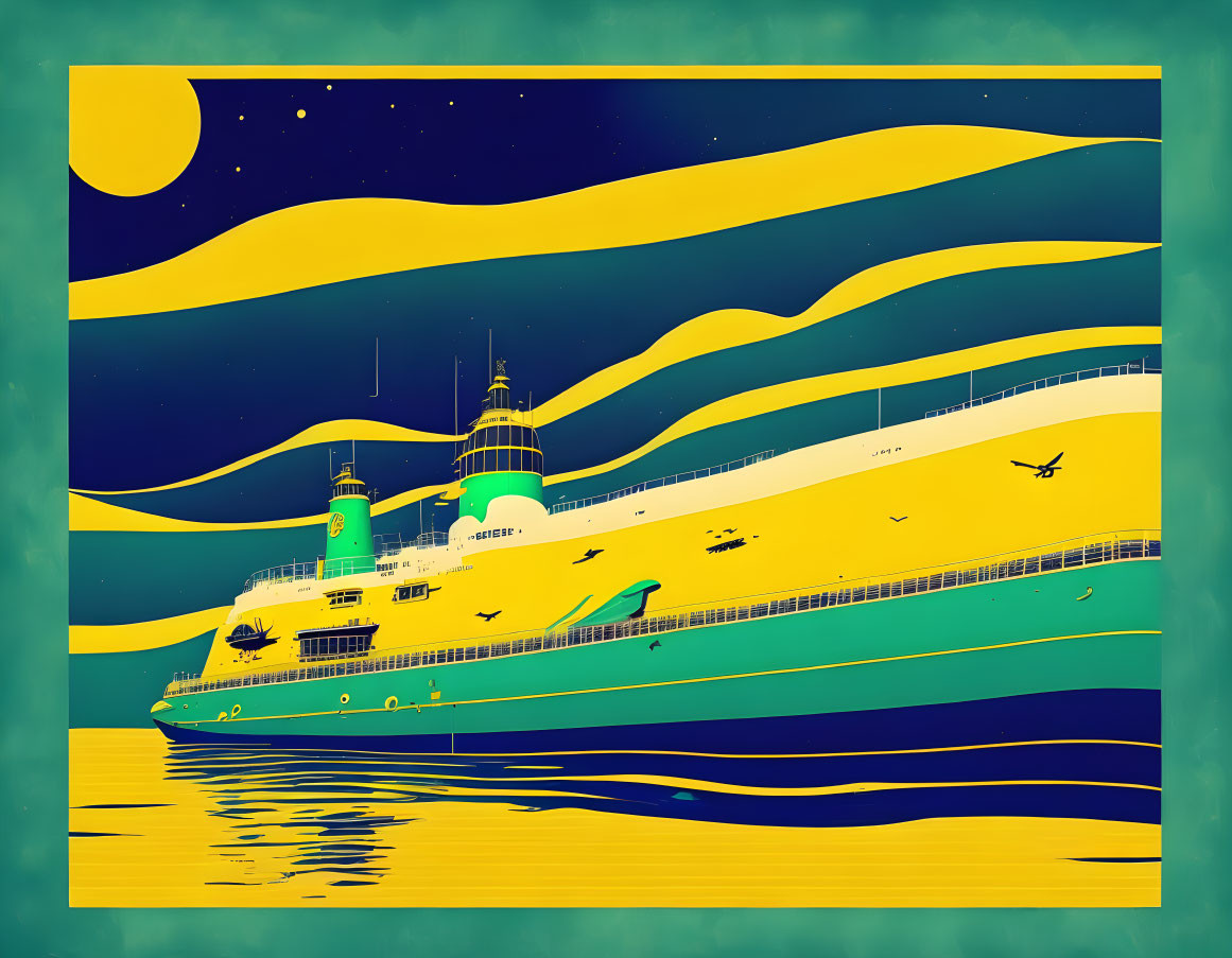 Colorful Ocean Liner Illustration with Retro-Futuristic Style