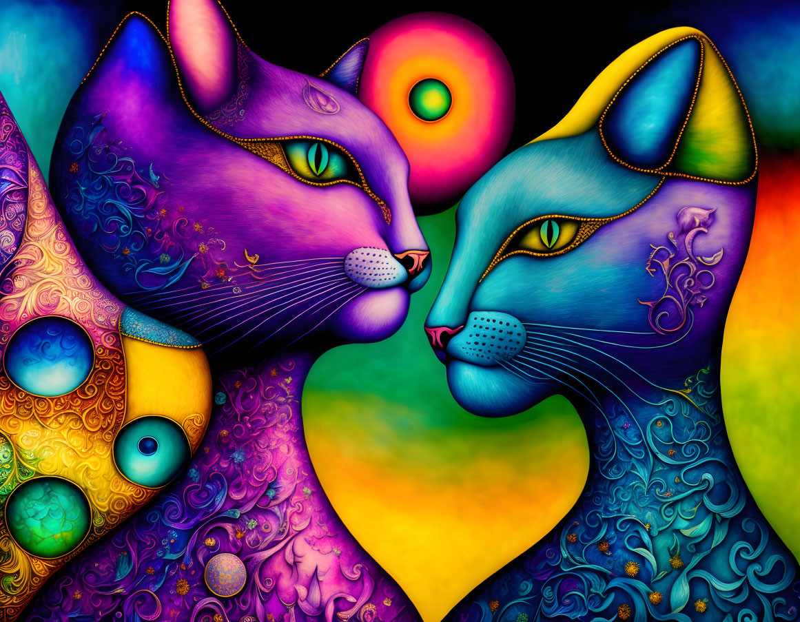 Vibrantly colored stylized cats touching noses on colorful abstract background