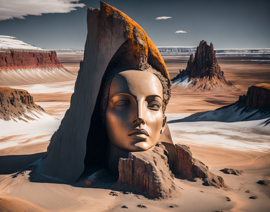 Surreal artwork: Giant fragmented face in desert sands