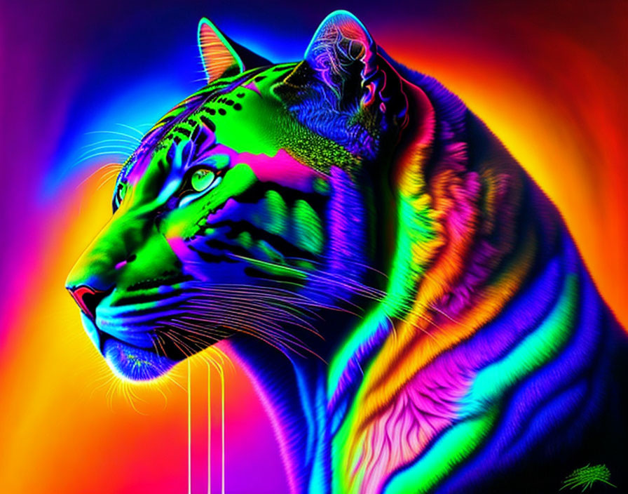 Colorful Tiger Artwork with Neon Hues on Rainbow Background