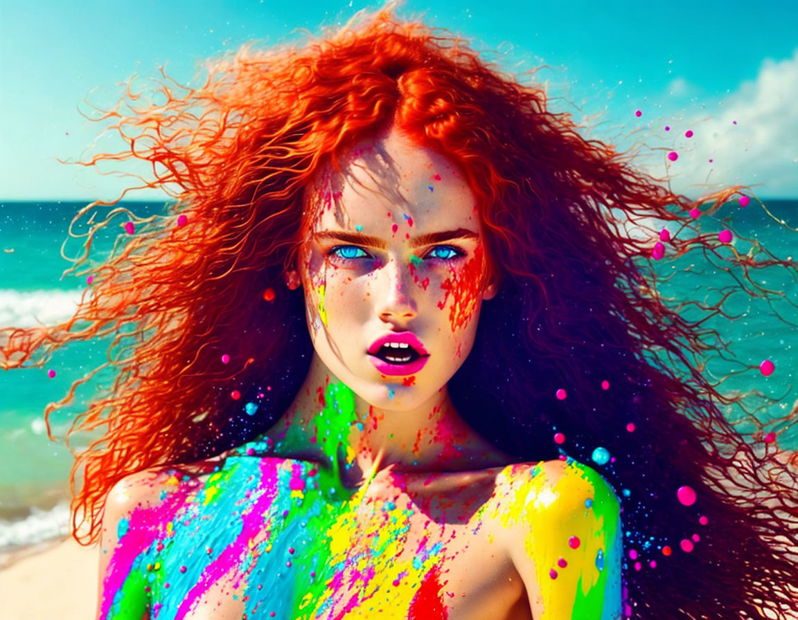 Colorful portrait of a woman with red hair and paint splashes on beach background