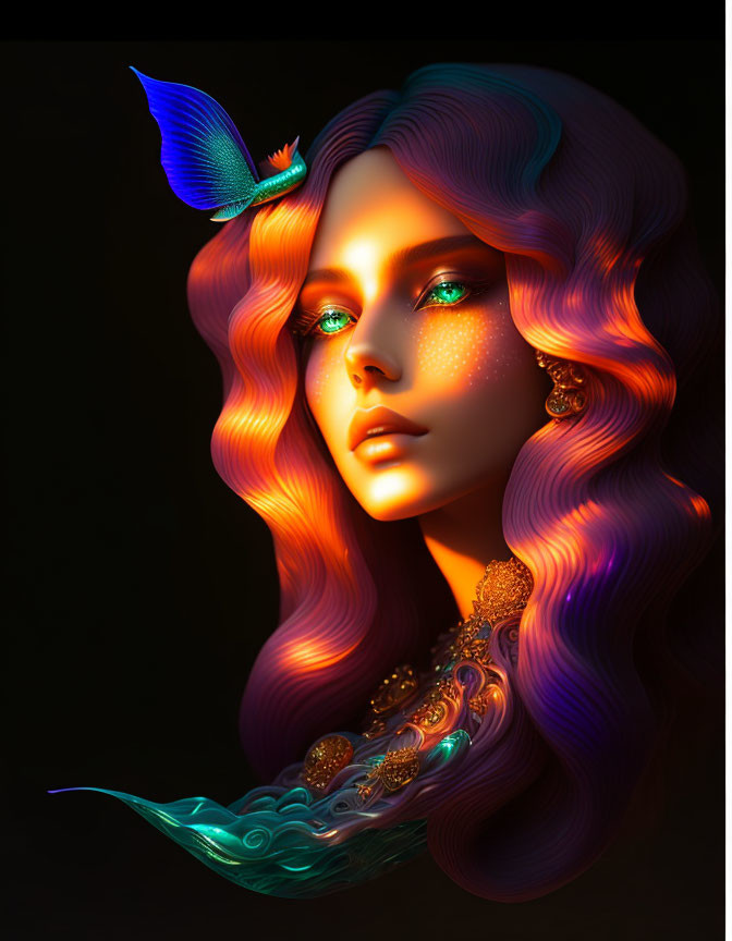 Vibrant woman with flowing hair and butterfly on head against dark background