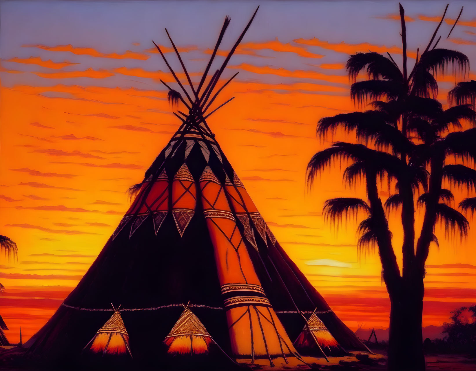 Tipi with decorative patterns against vibrant sunset sky and palm tree silhouettes