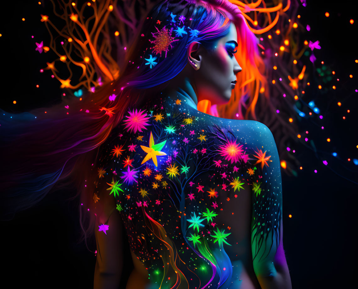 Vibrant cosmic body paint glowing like neon on a woman against a dark backdrop