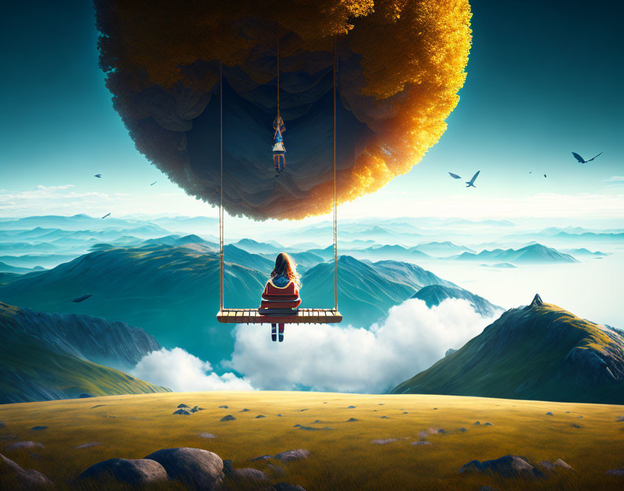 Person on swing on floating island above surreal landscape