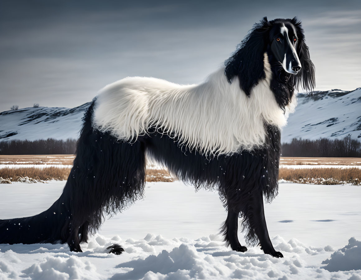 Long-haired black and white dog in snowy landscape with hills and cloudy sky