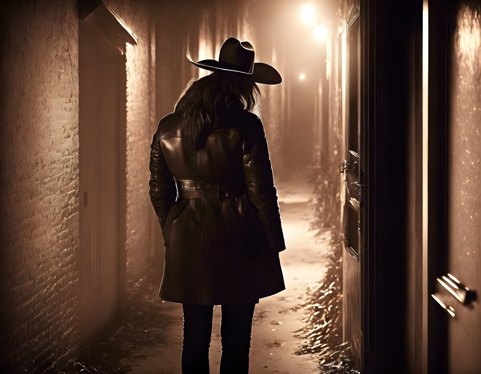 Silhouetted figure in trench coat and hat in dimly lit alleyway