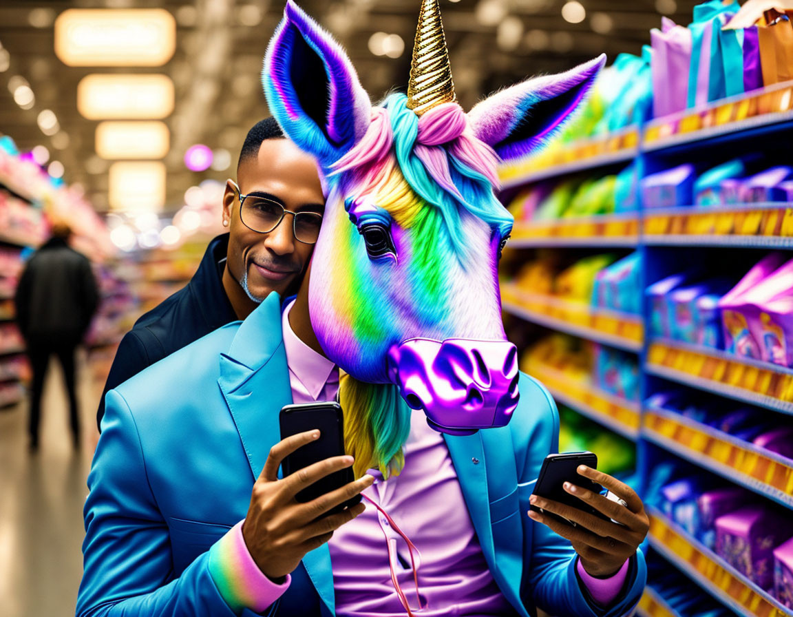 Man in blue suit and person in colorful unicorn mask with smartphones in store aisle