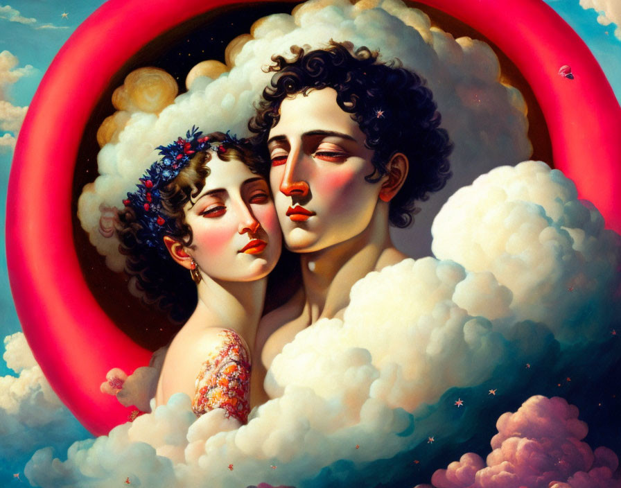 Surreal painting: Two people, clouds, celestial bodies, vibrant colors