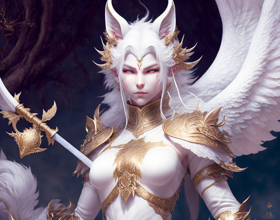 Fantasy character with white hair, golden armor, stern expression, and large wings holding a sword