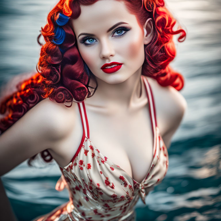 Woman with Red Curls in Floral Dress, Vintage Glamour on Water Background