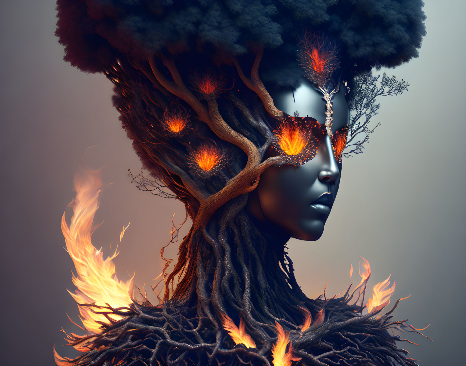 Surreal portrait with tree branch hair on fire against smoky background