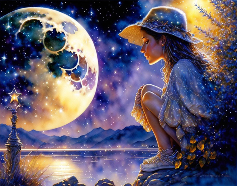 Woman in hat gazes at vivid moon by lakeside