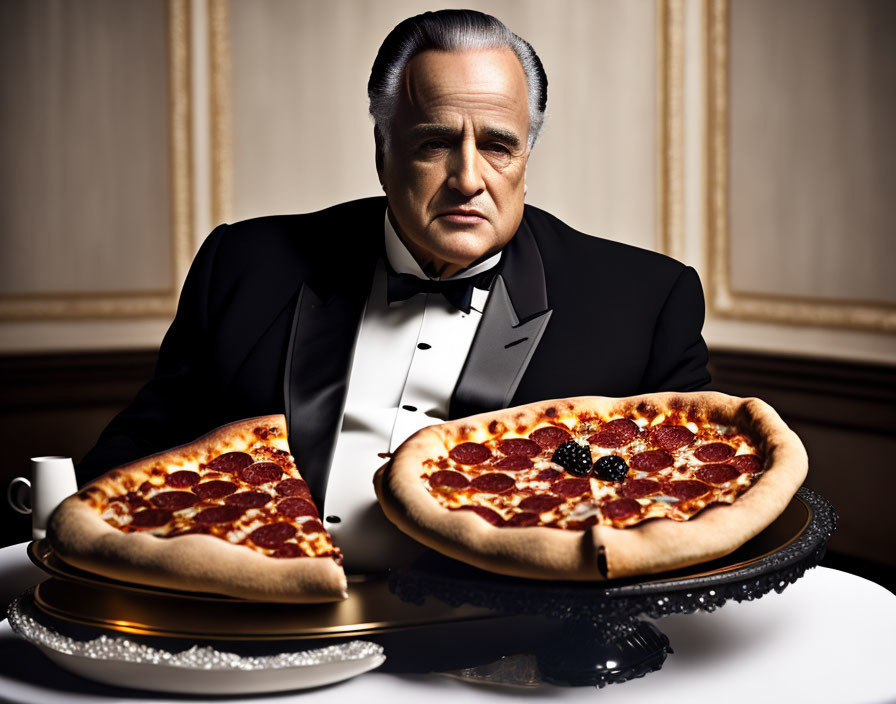 Sophisticated man in tuxedo with gourmet pizzas in luxurious setting