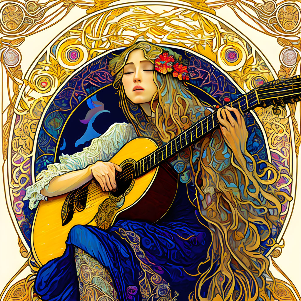 Colorful Art Nouveau Woman Playing Guitar with Flowered Hair