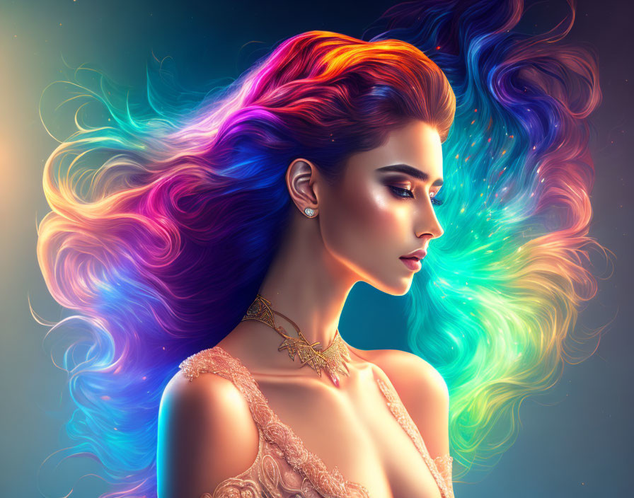 Profile view of woman with rainbow hair on dark background