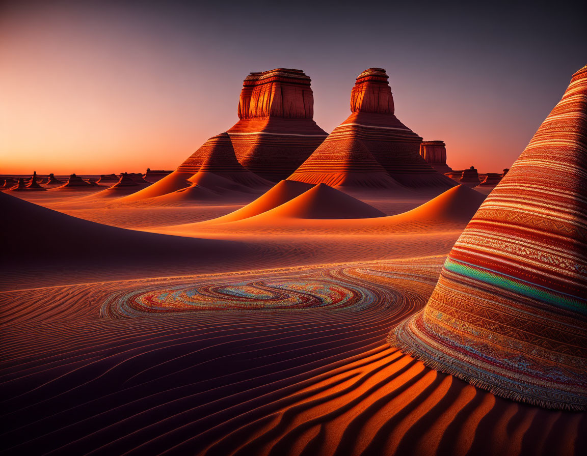 Colorful Desert Landscape: Sunset Sand Dunes and Rock Formations