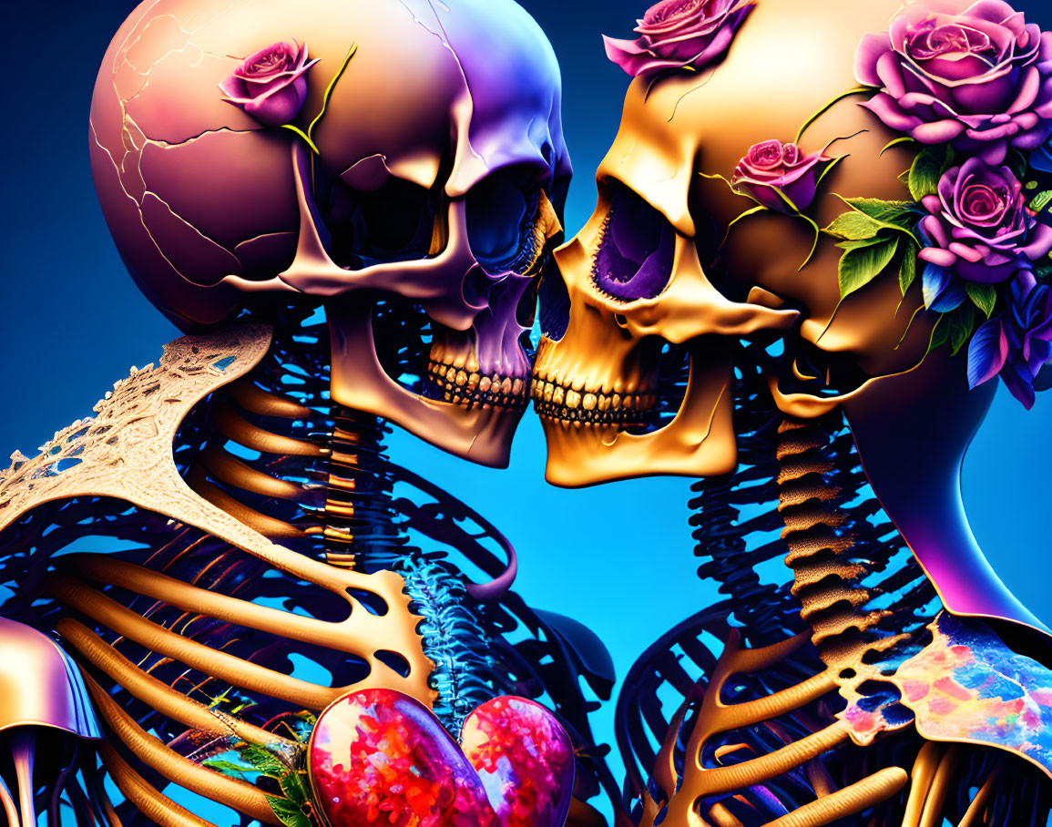 Colorful skeletal figures with flowers and heart, depicting romantic theme