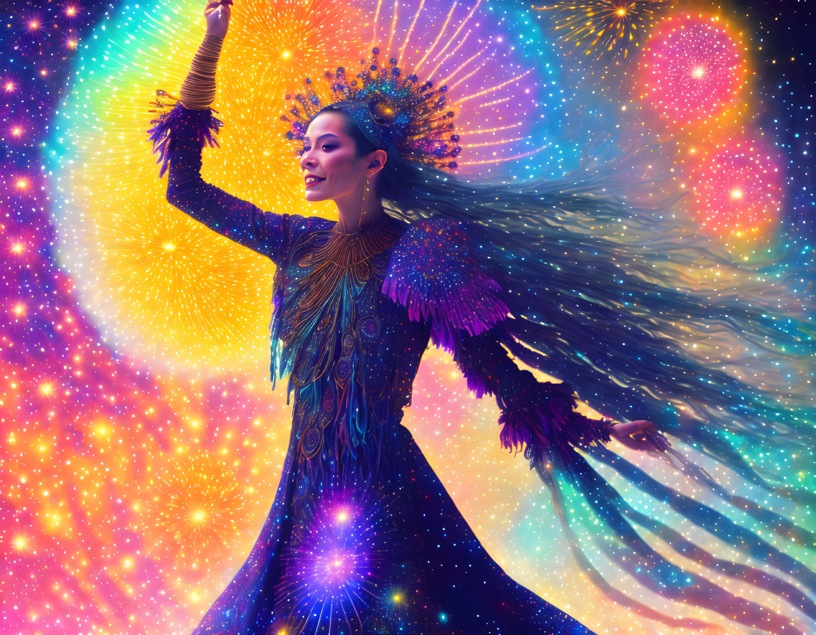 Woman in cosmic setting with vibrant headpiece and flowing gown