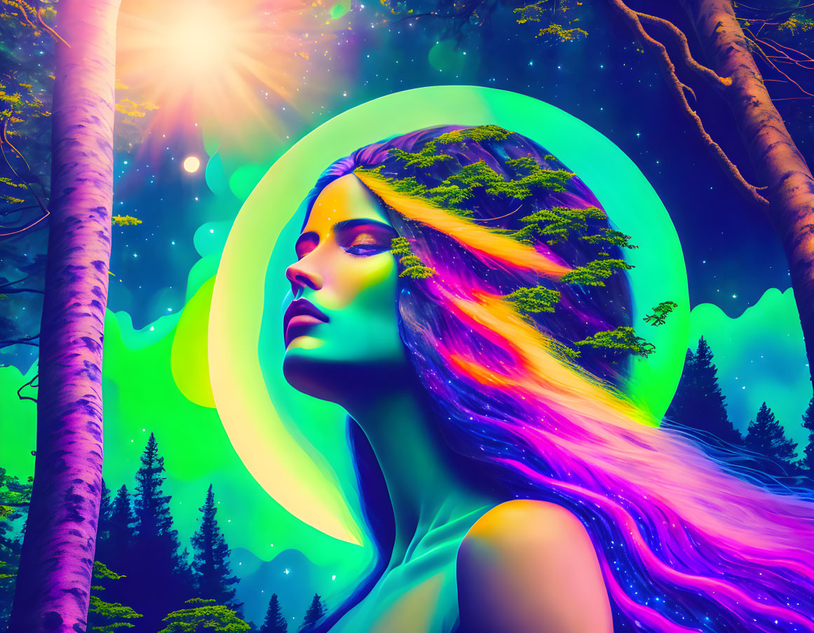 Colorful digital artwork: Woman with forest hair in vibrant forest scene