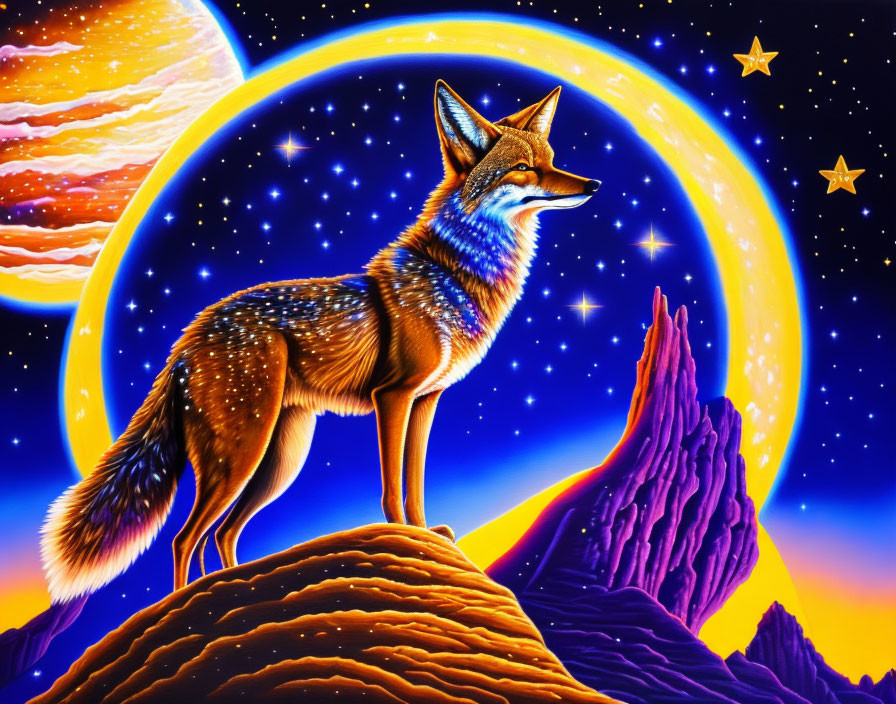 Colorful Fox Illustration on Orange Rocky Terrain with Ringed Planet Background