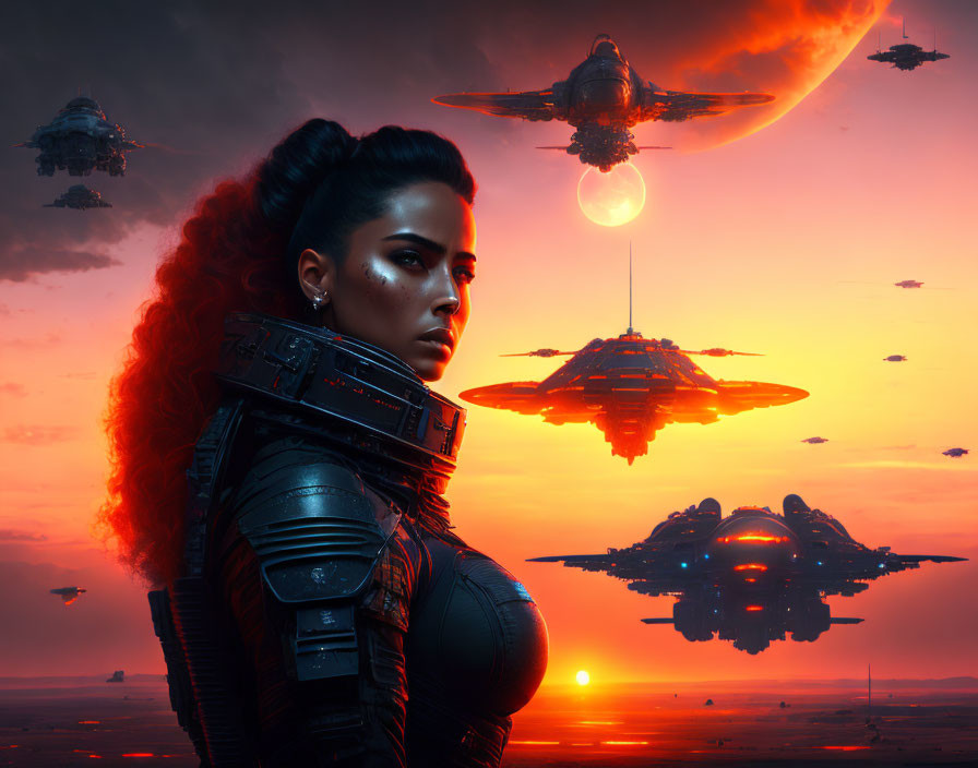 Futuristic armor-clad woman under red sky with descending spaceships