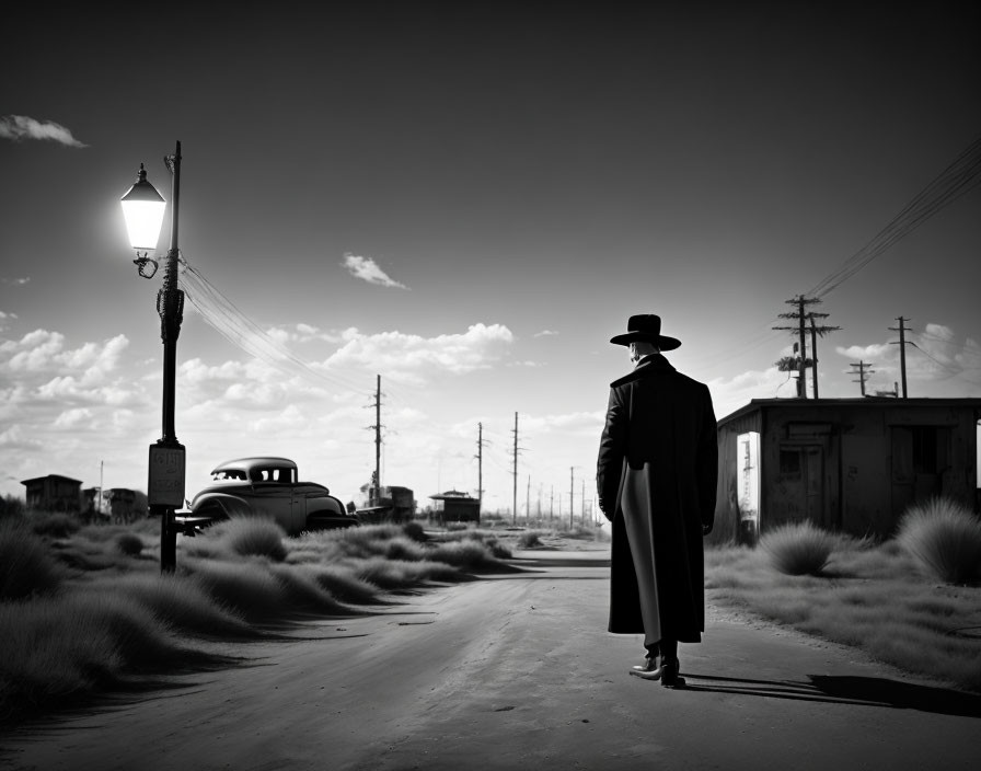 Monochrome photo of person in trench coat and fedora on vintage street