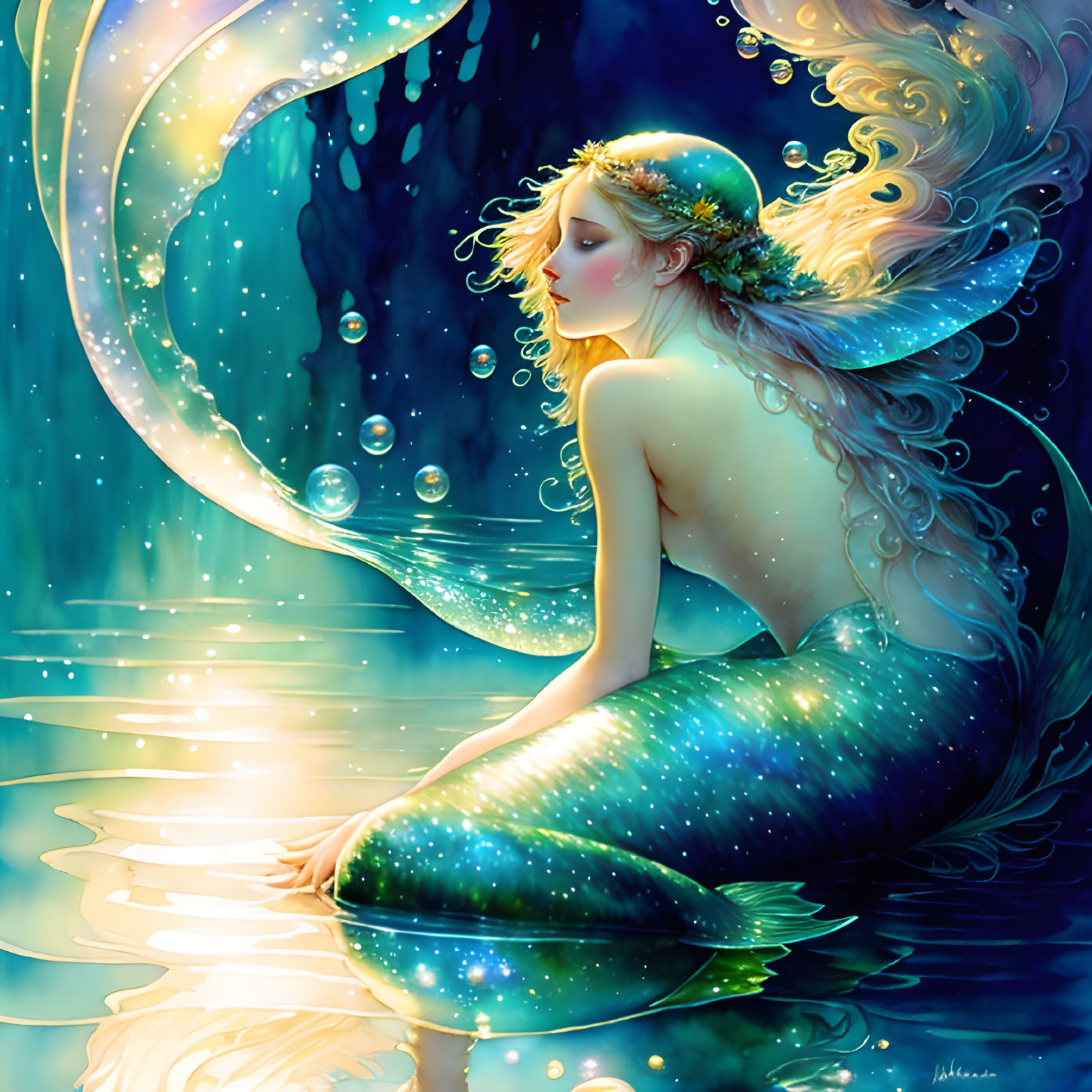 Ethereal mermaid with flowing hair and sparkling tail on rock in luminous water.