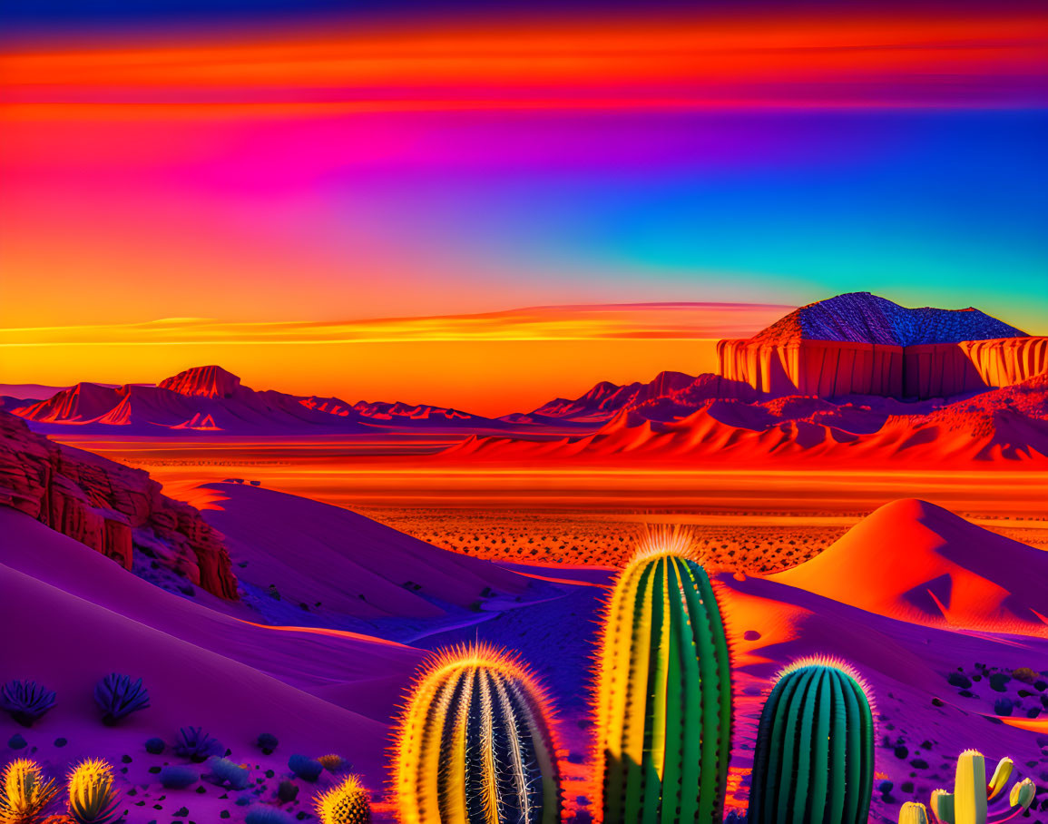 Colorful desert landscape with cacti and mountains under neon sunset.